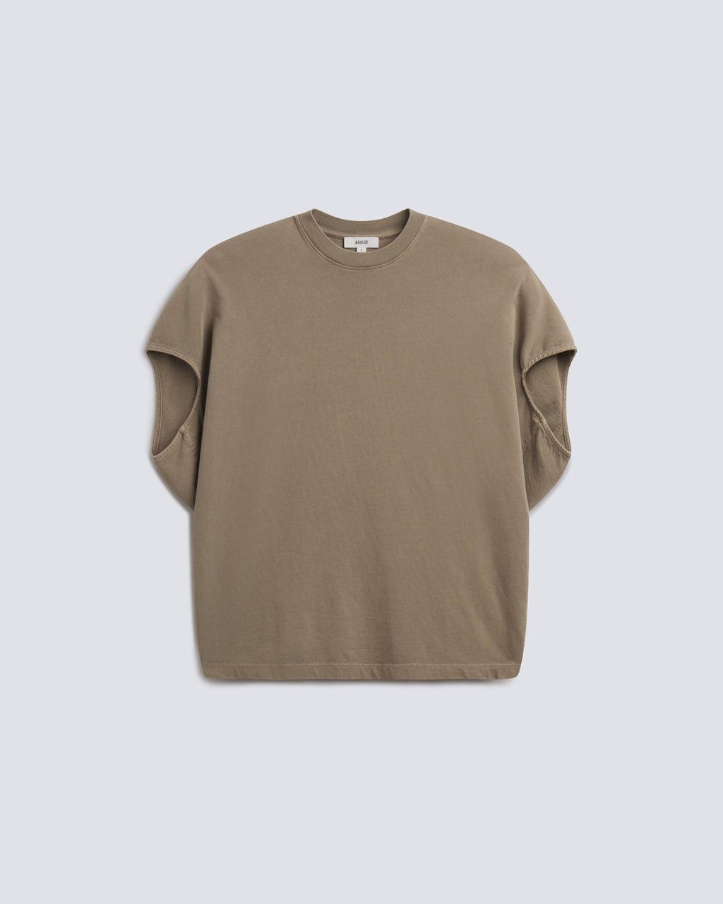 A taupe brown short-sleeve crewneck t-shirt with a relaxed, oversized fit, displayed flat against a light gray background.