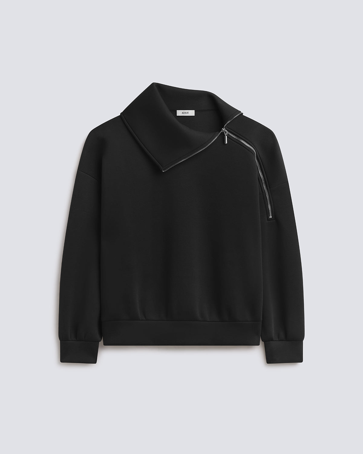 A black long-sleeve sweatshirt with an asymmetrical zipper detail on the collar, displayed against a light gray background.