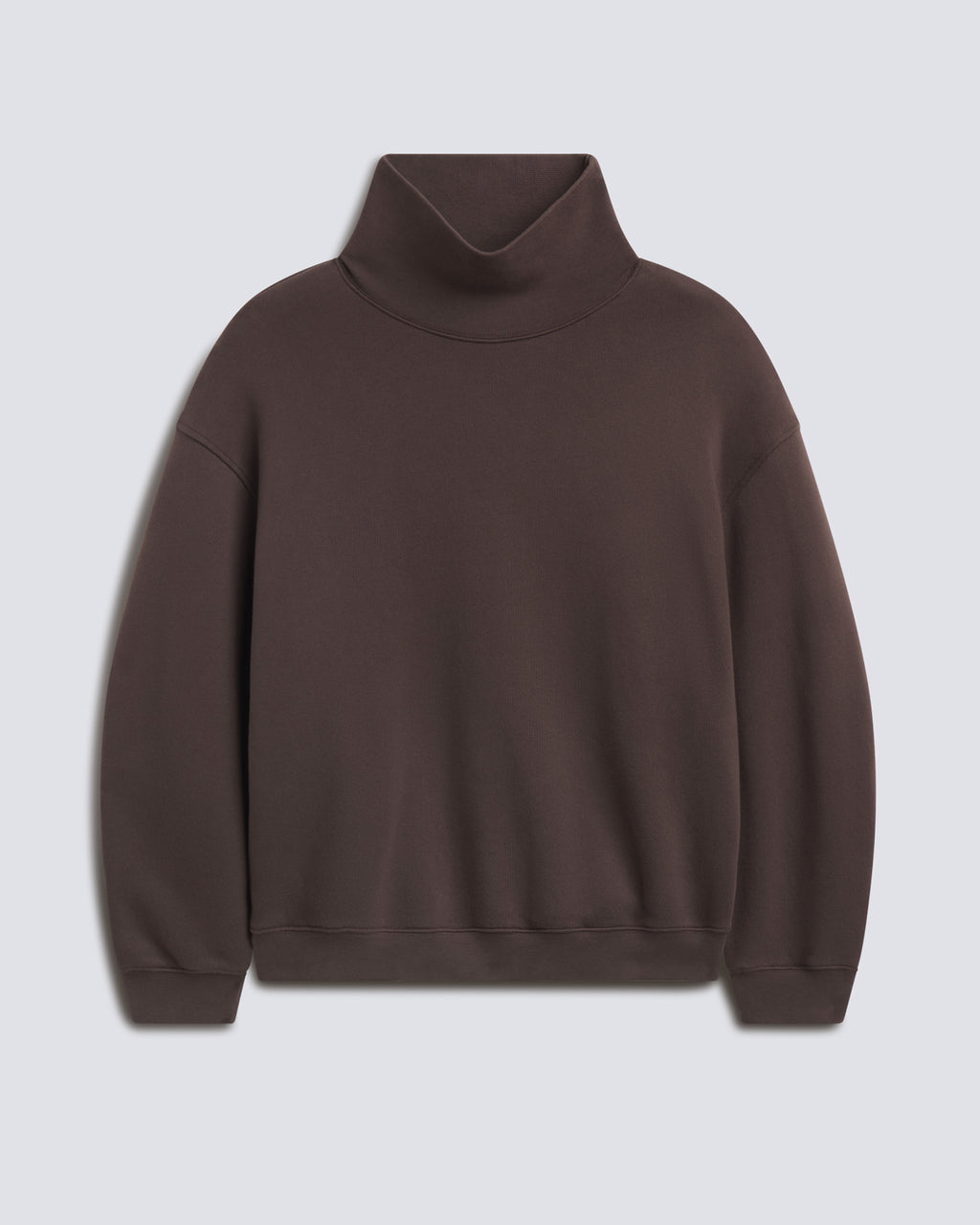 A dark brown turtleneck sweatshirt with a relaxed fit, displayed against a light gray background.