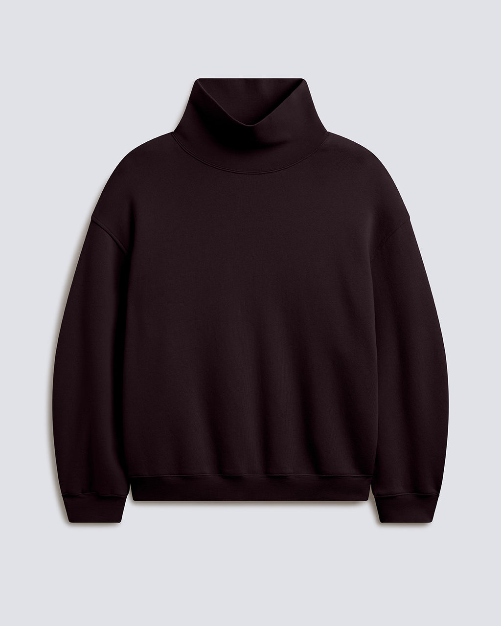 A dark plum-colored turtleneck sweatshirt with a relaxed fit, displayed on a light gray background.