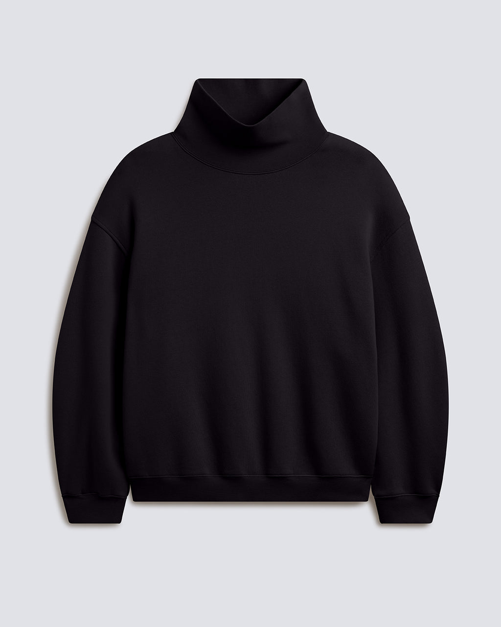 A black long-sleeve turtleneck sweatshirt displayed flat against a light gray background.