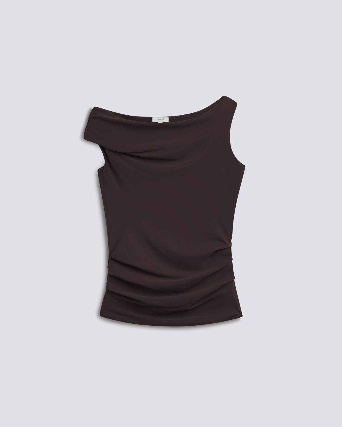 A black off-the-shoulder sleeveless top with ruched detailing at the waist, displayed flat against a light gray background.