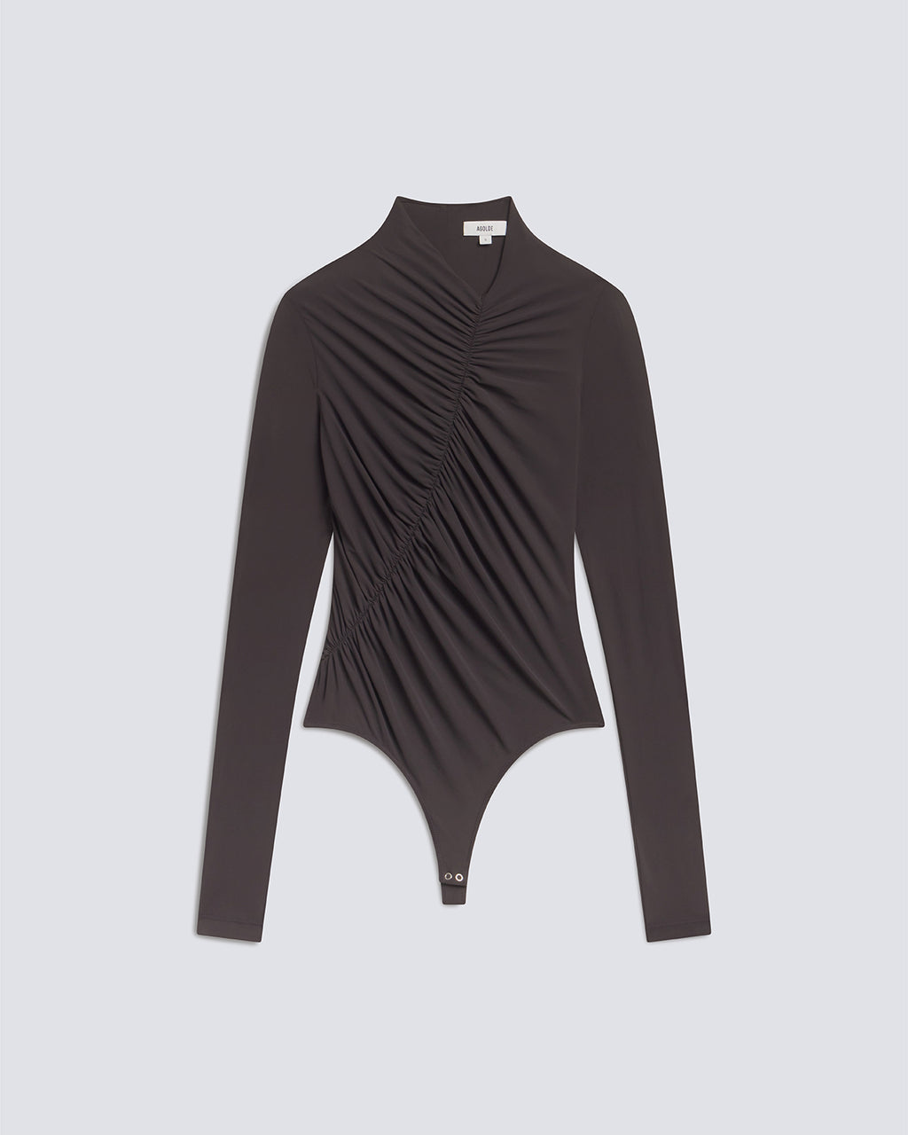 A dark brown long-sleeve bodysuit with dramatic vertical ruching across the chest and waist, displayed on a light gray background.