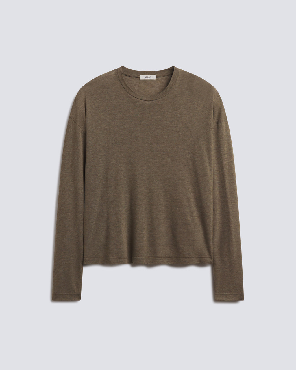 A long-sleeve crewneck knit top in a warm taupe-brown color, displayed flat against a light gray background.