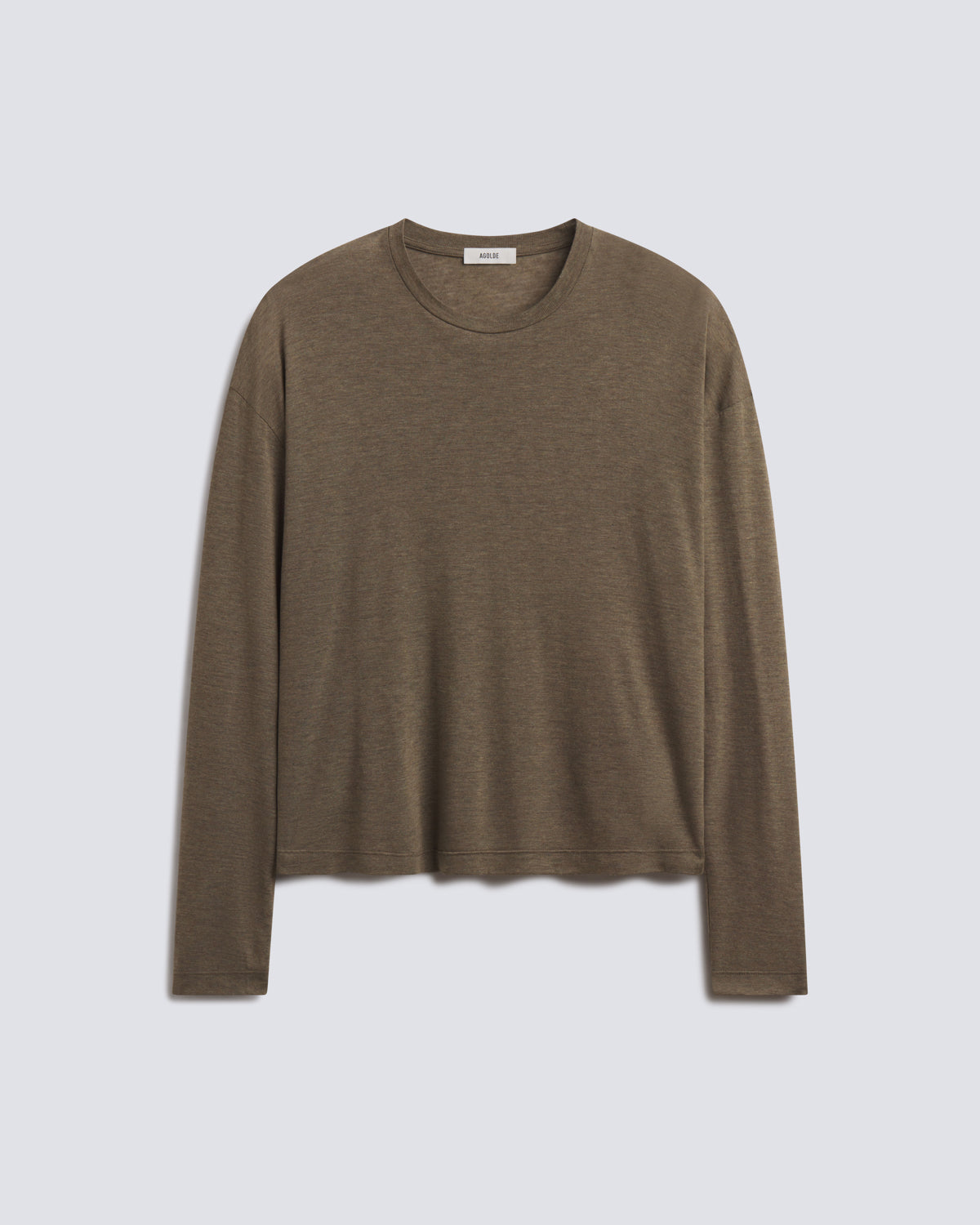 A long-sleeve crewneck knit top in a warm taupe-brown color, displayed flat against a light gray background.