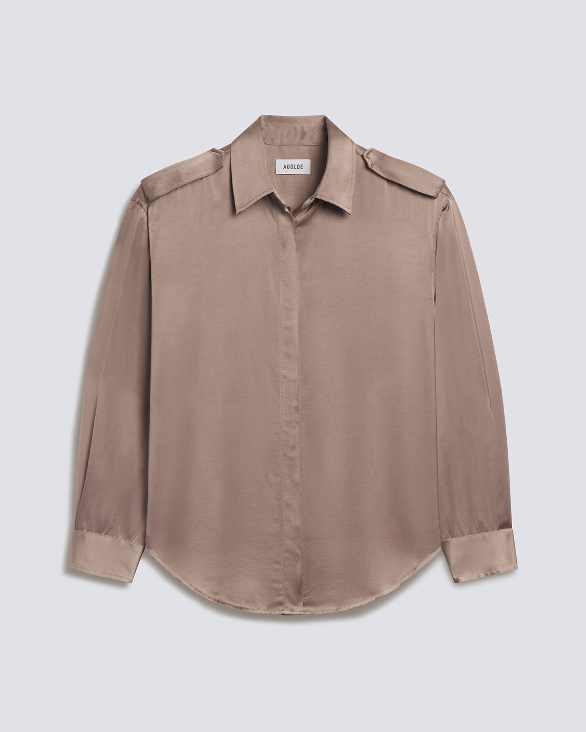 A taupe long-sleeve button-up shirt with shoulder epaulets and a pointed collar, shown flat against a light gray background.