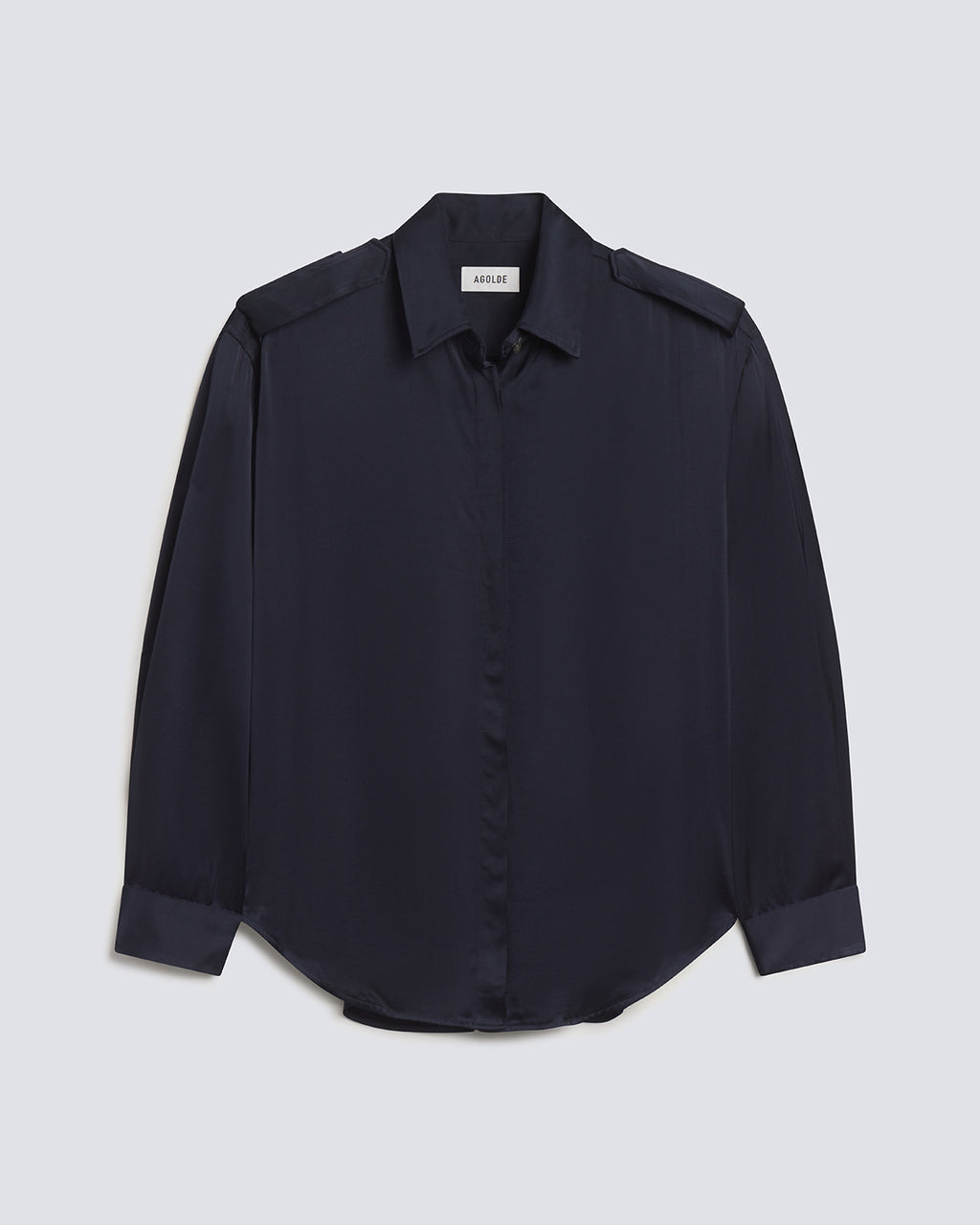 A dark navy blue long-sleeve button-up shirt with shoulder epaulets, displayed flat against a light gray background.