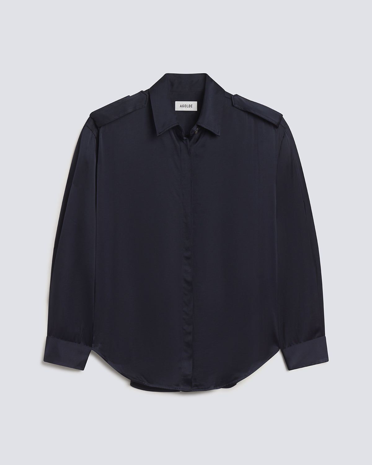 A dark navy blue long-sleeve button-up shirt with shoulder epaulets, displayed flat against a light gray background.