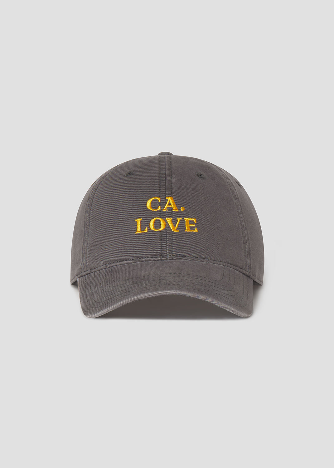 Gray cap with 'CA. LOVE' in yellow on a light gray background