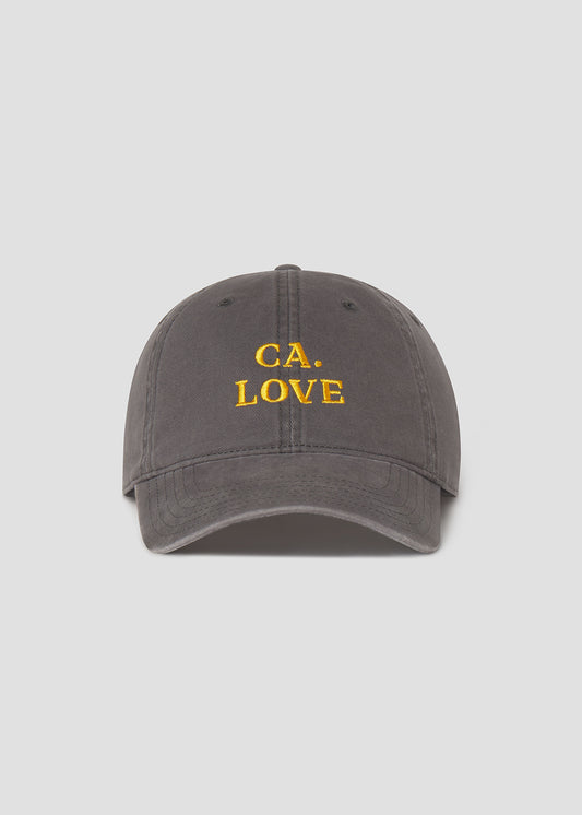 Gray cap with 'CA. LOVE' in yellow on a light gray background