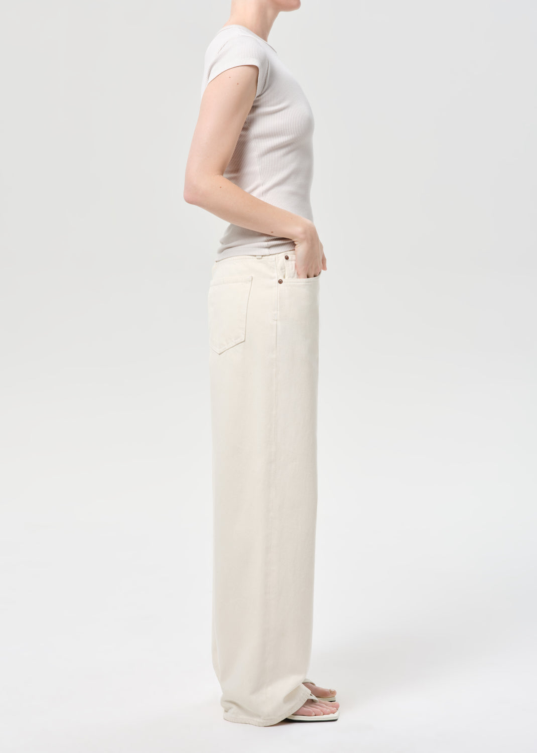 Person wearing a light-colored top and wide-leg pants on a white background