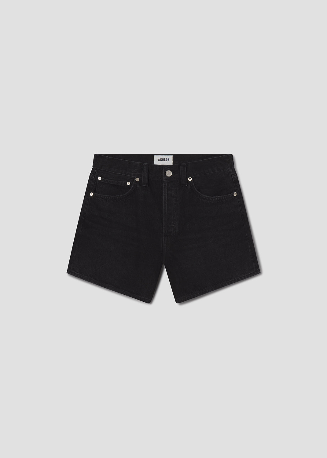 Black denim shorts on a light gray background
