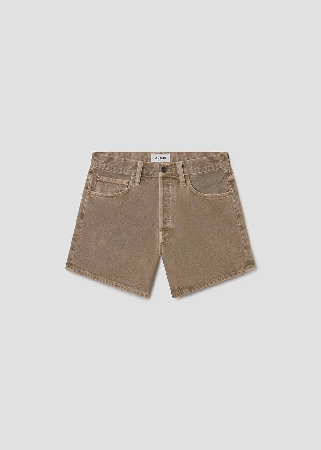Brown denim shorts on a light gray background