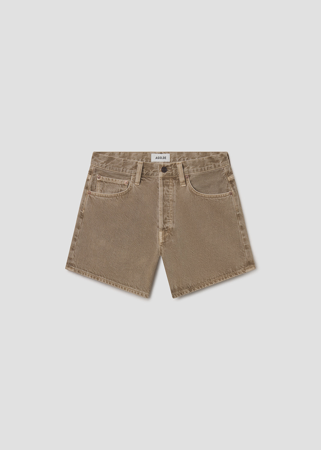Brown denim shorts on a light gray background