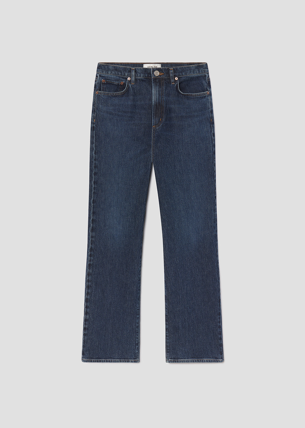 Pair of blue jeans on a light gray background