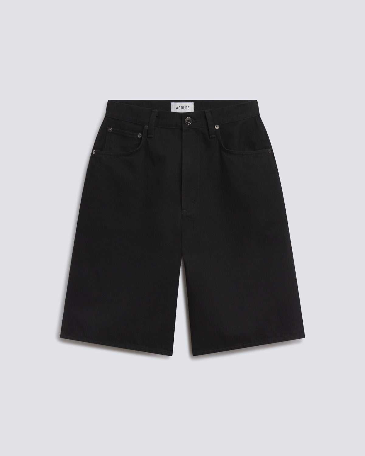 Black denim shorts with a high waist and wide legs, laid flat on a light gray background.