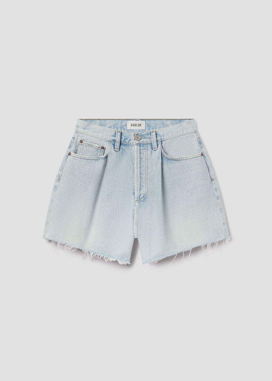 Light blue denim shorts on a white background