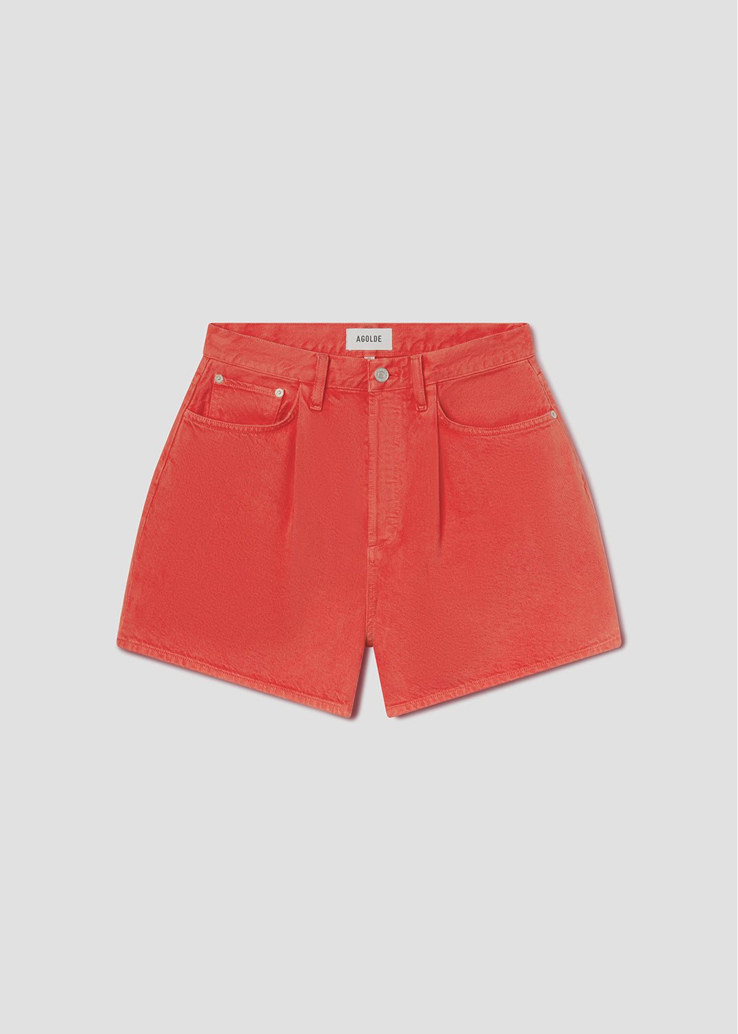 Red denim shorts on a light gray background
