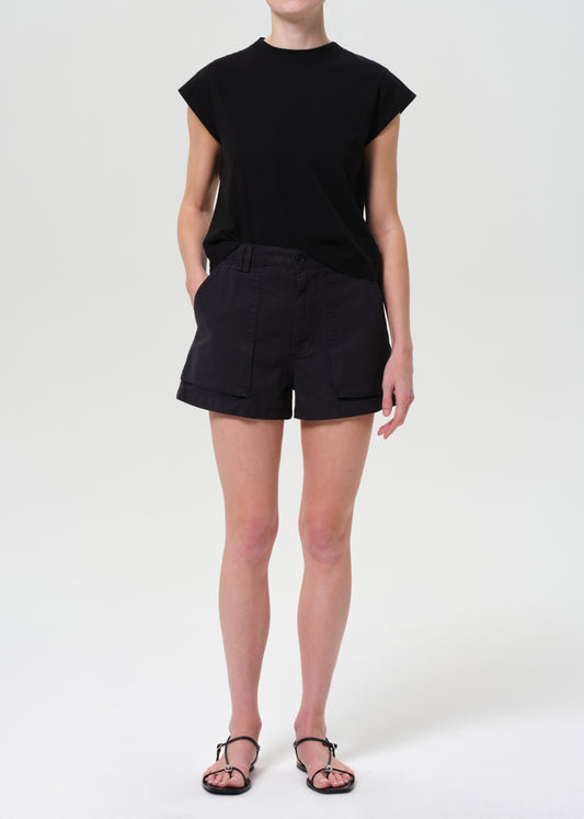 Kiva Mid Rise Cargo Short in Washed Black front 