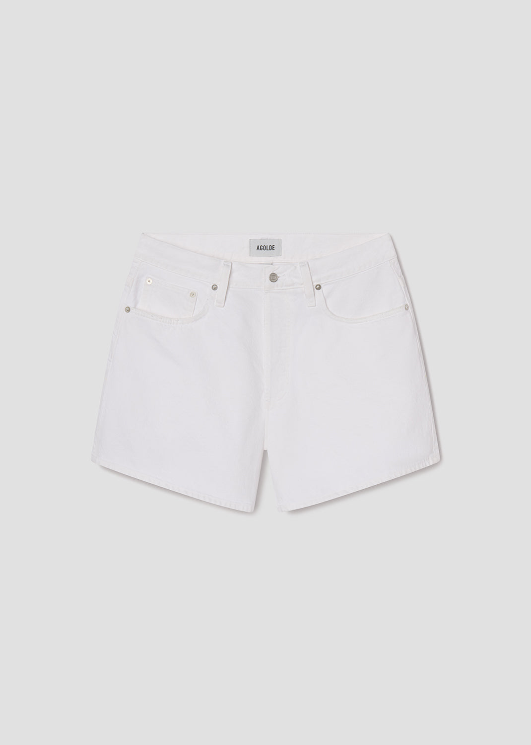 White denim shorts on a light gray background