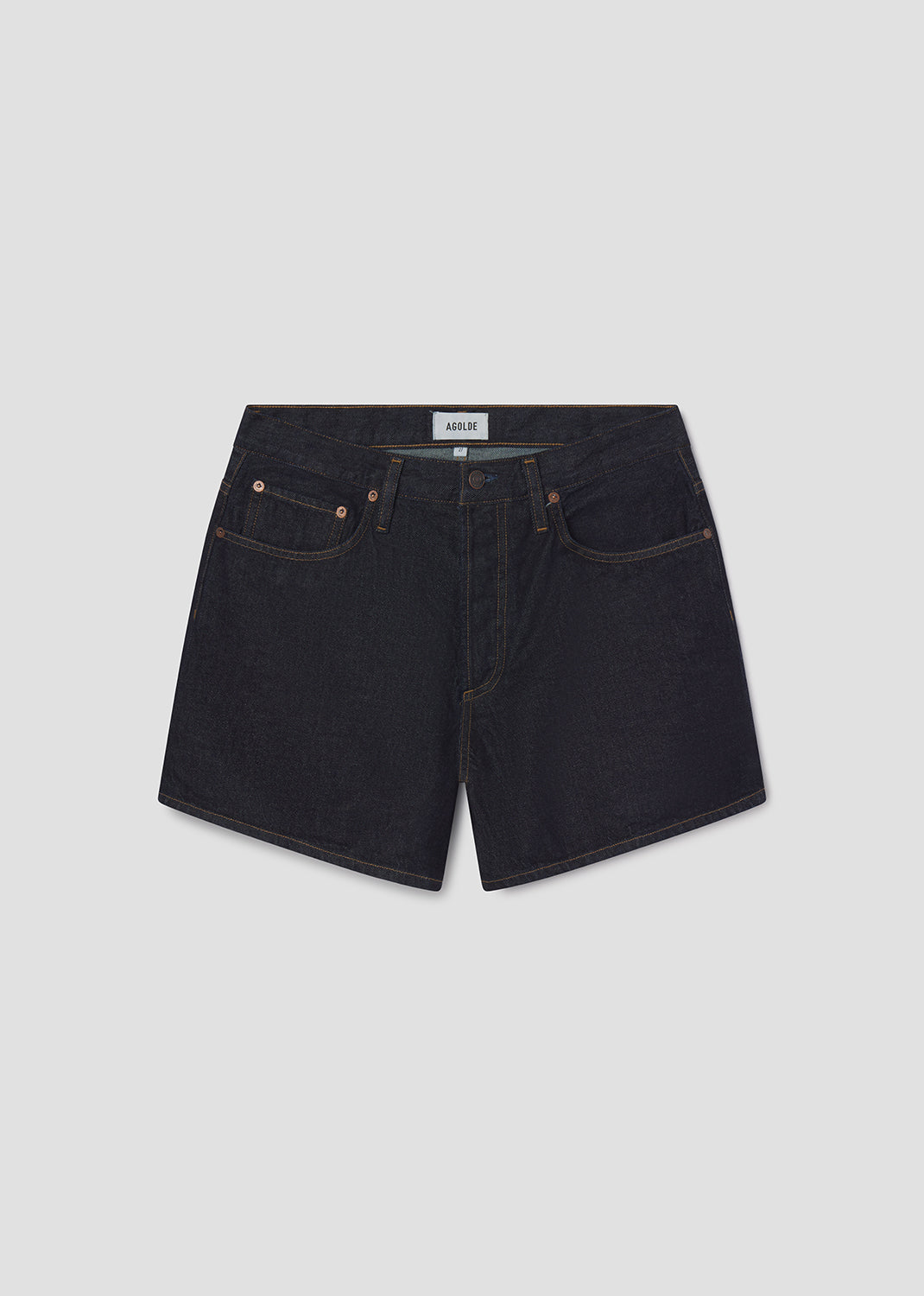 Black denim shorts on a light gray background