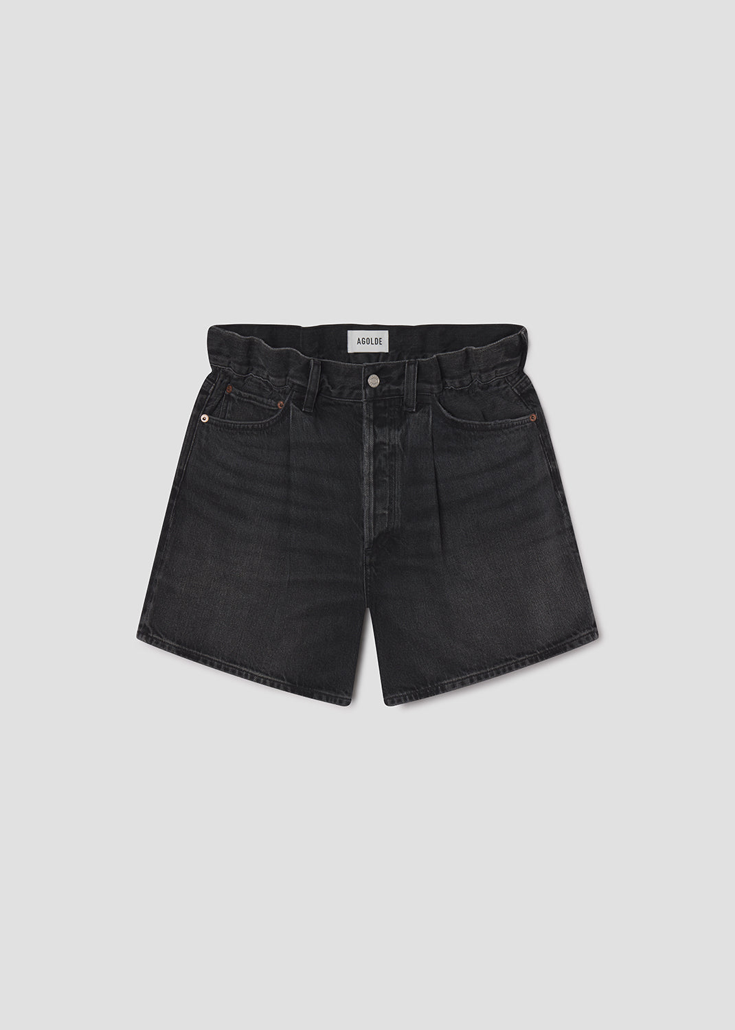 Black denim shorts on a light gray background