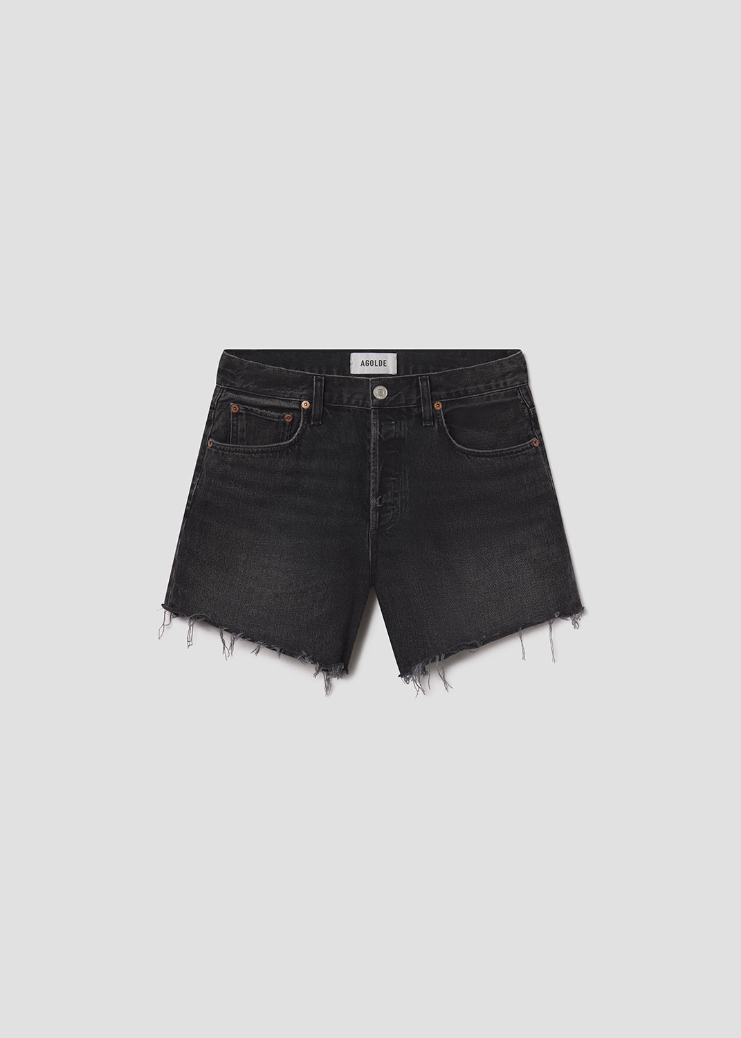 Black denim shorts on a light gray background