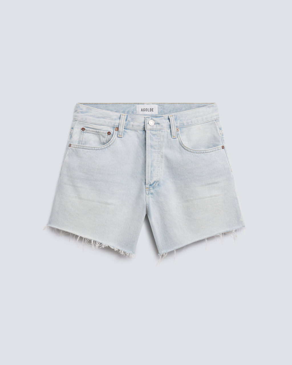 Light-wash denim shorts with a raw, frayed hem and classic five-pocket styling, shown flat on a light gray background.