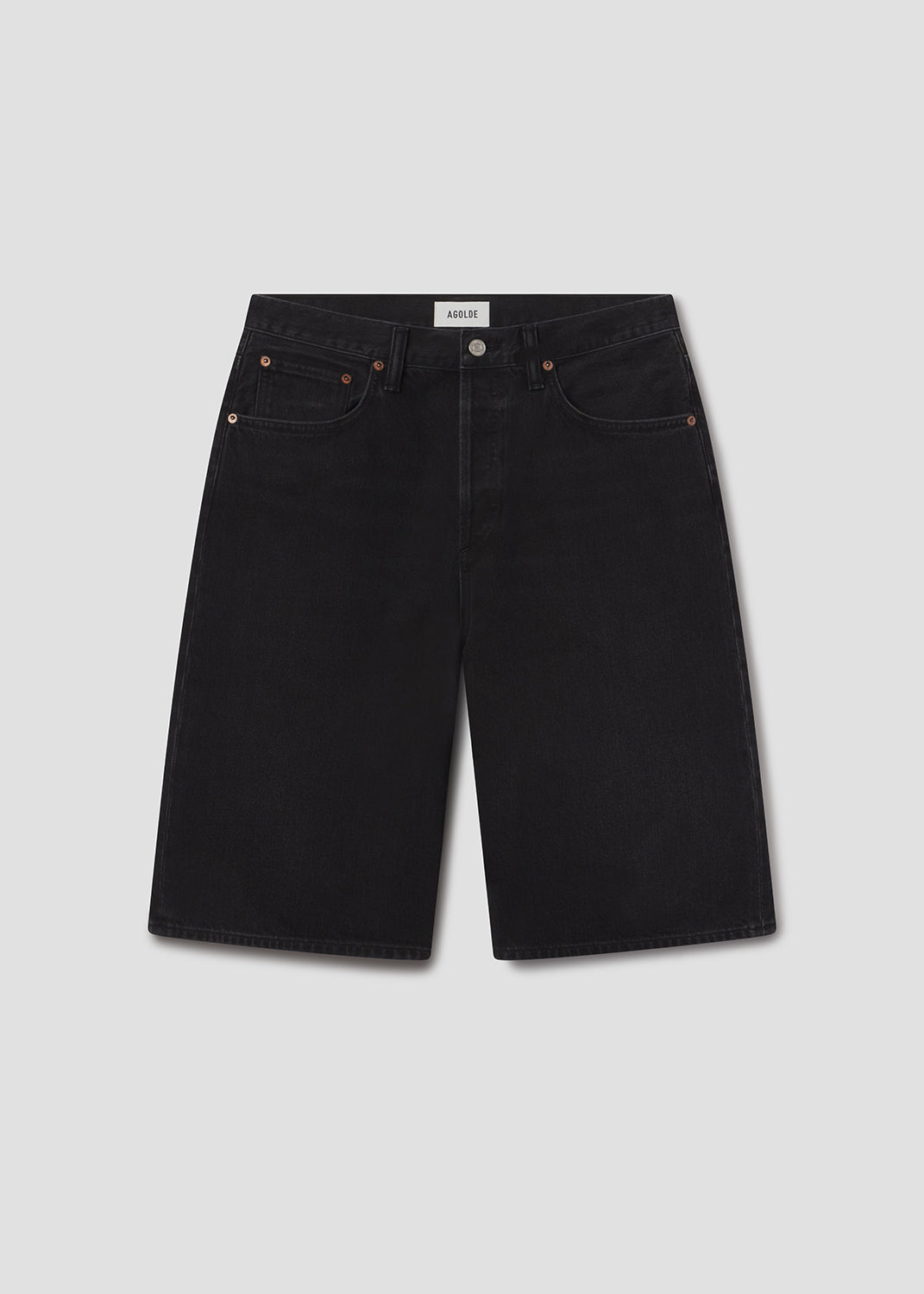 Black denim shorts on a light gray background
