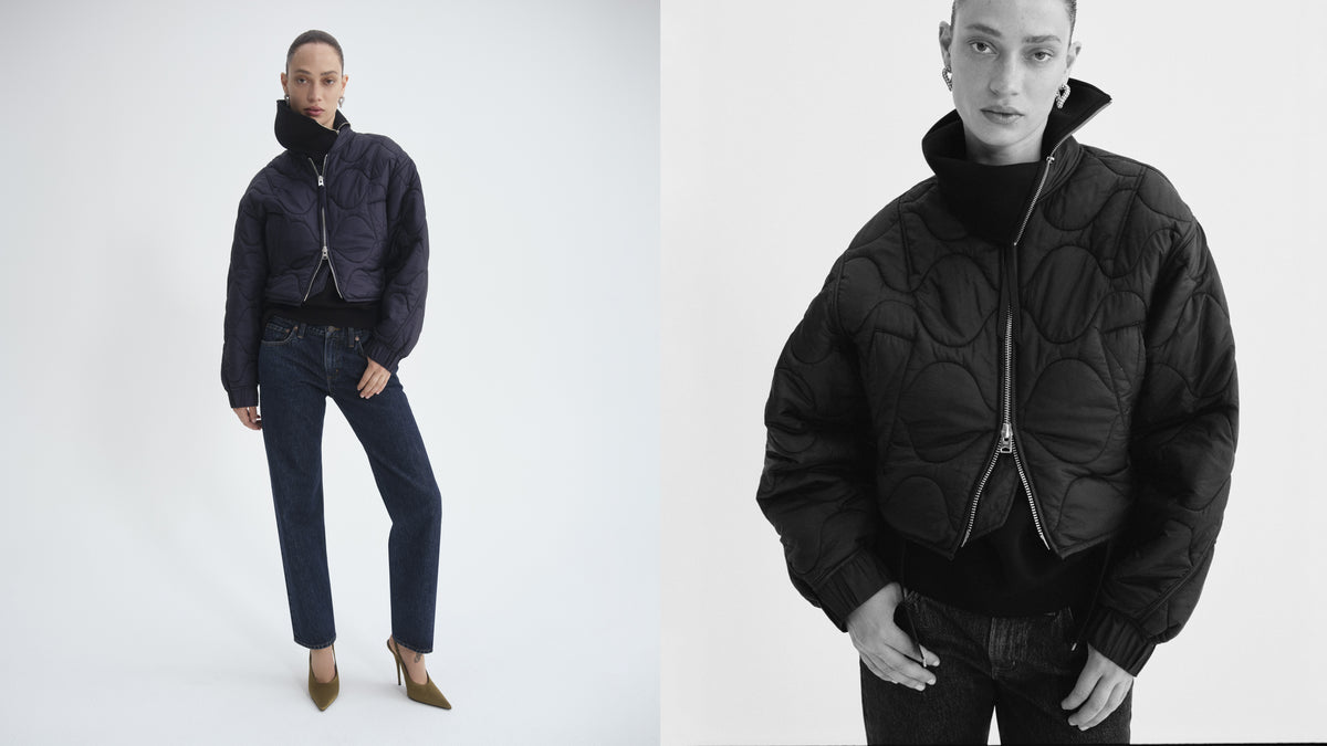 A model is shown in a split-screen studio photo wearing a quilted puffer jacket. The left panel shows a full-body view of the model wearing a dark navy blue version of the jacket with dark blue jeans and brown pointed-toe heels.